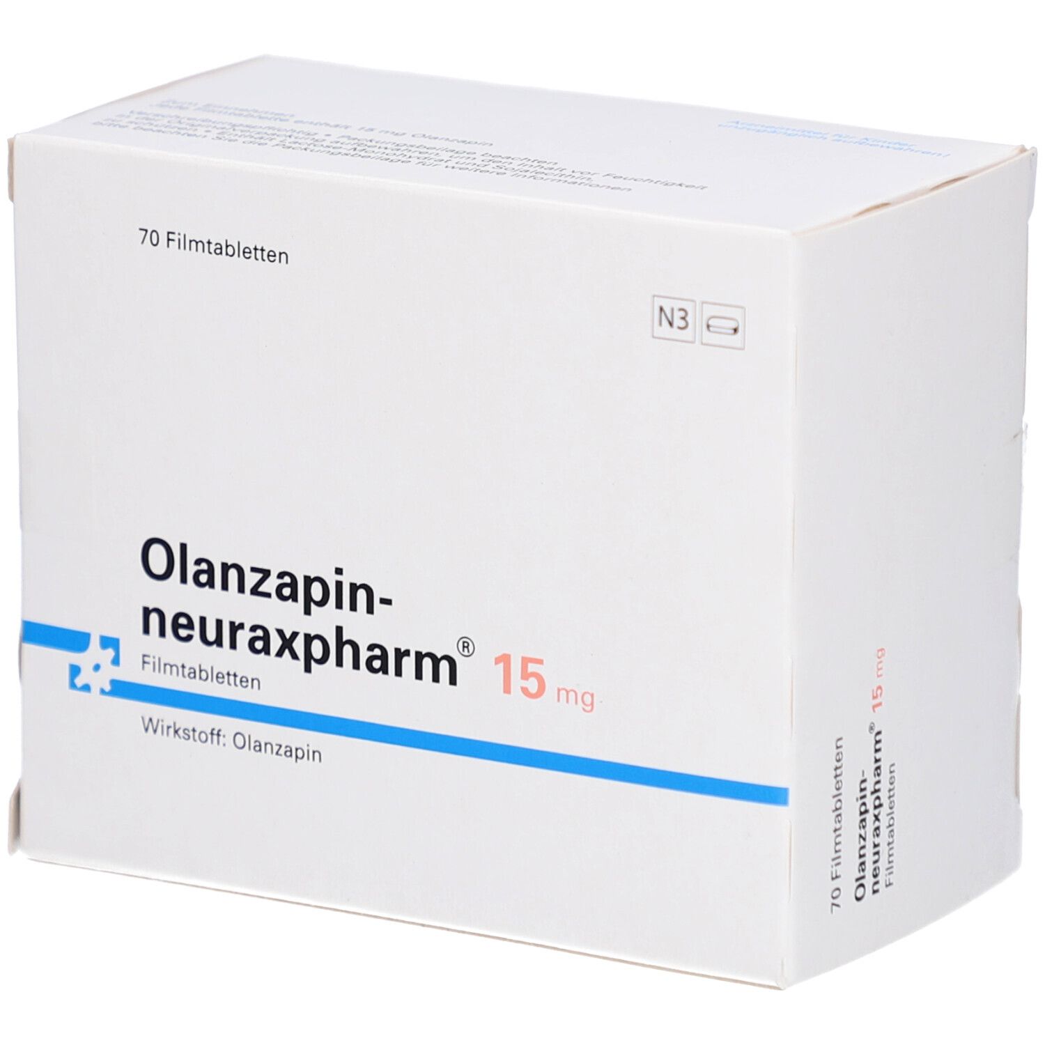 Weiße Schachtel mit Olanzapin-neuraxpharm® 15 mg. Blaue Linie, Text: 70 Filmtabletten, Wirkstoff: Olanzapin.