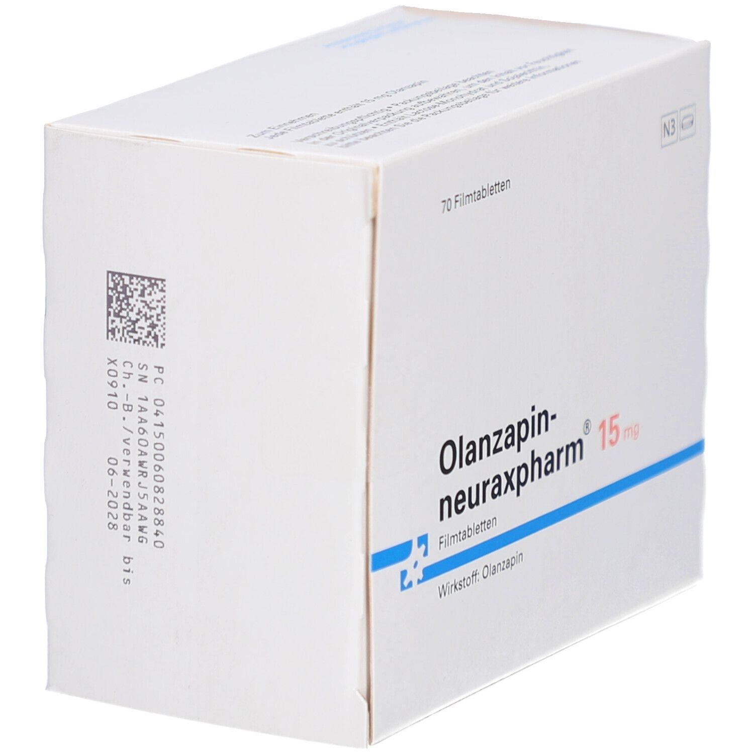 Weiße Schachtel mit Olanzapin-neuraxpharm® 15 mg. Aufdruck mit Chargennummer und Verfallsdatum.