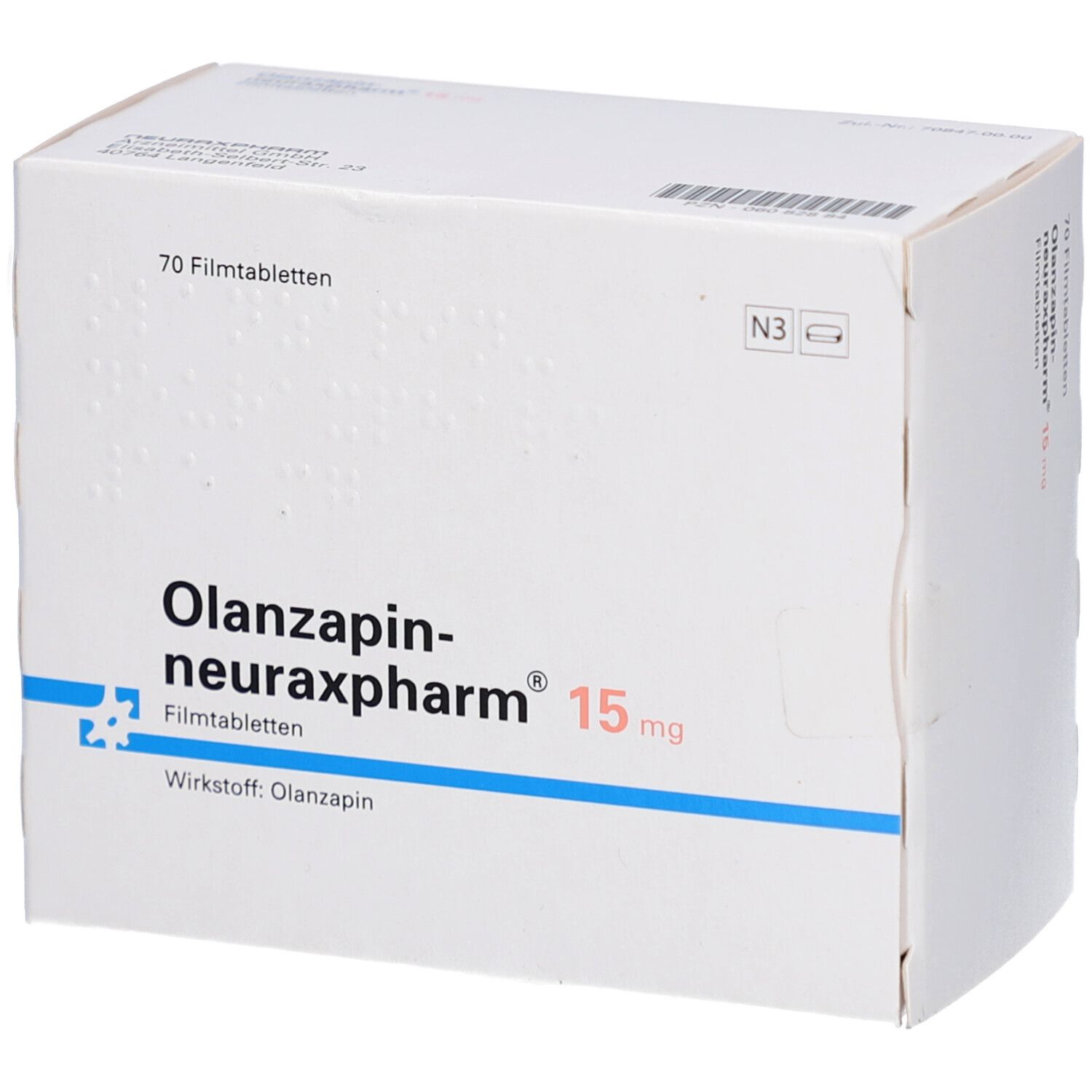 Weiße Schachtel mit Olanzapin-neuraxpharm® 15 mg. Text: 70 Filmtabletten, Wirkstoff: Olanzapin.