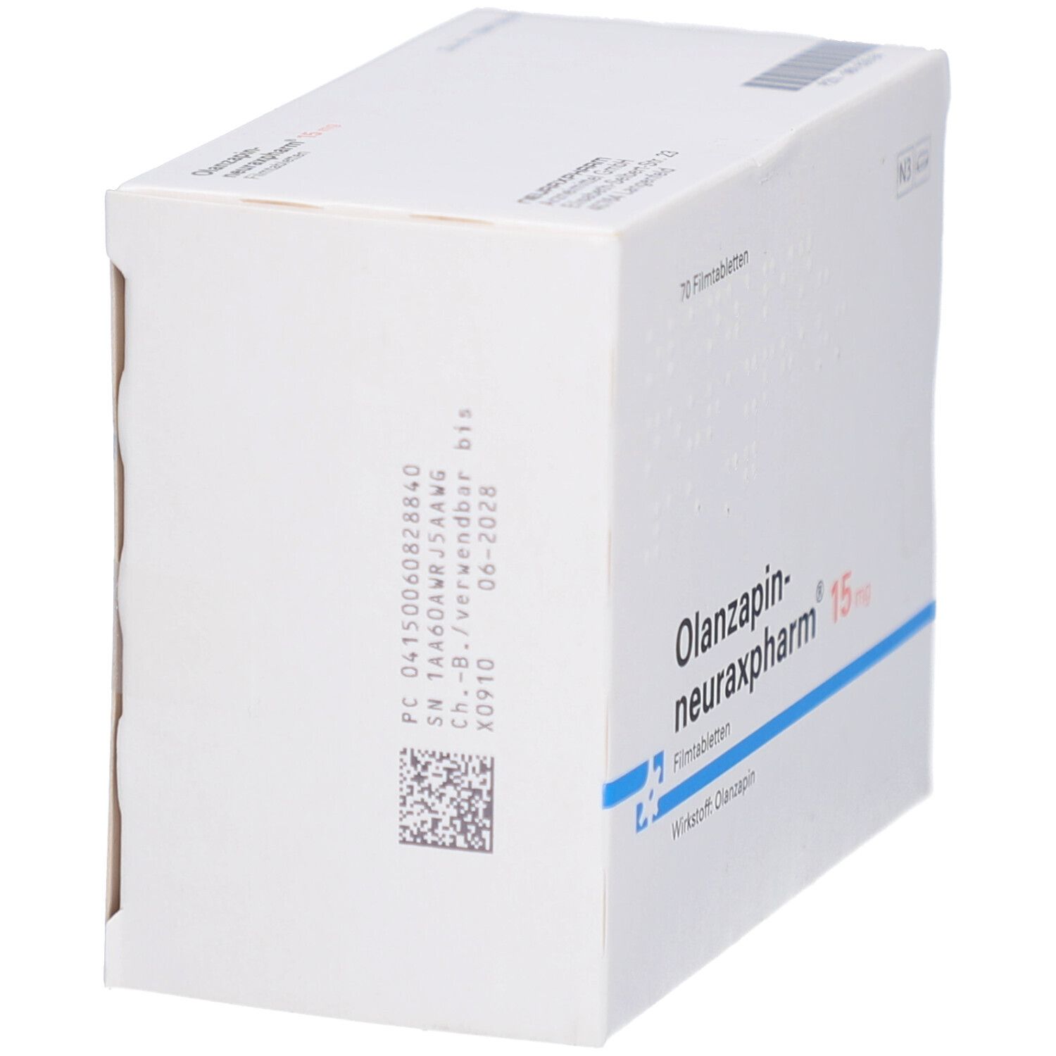 Weiße Schachtel mit Olanzapin-neuraxpharm® 15 mg. Aufdruck mit Chargennummer und Verfallsdatum.
