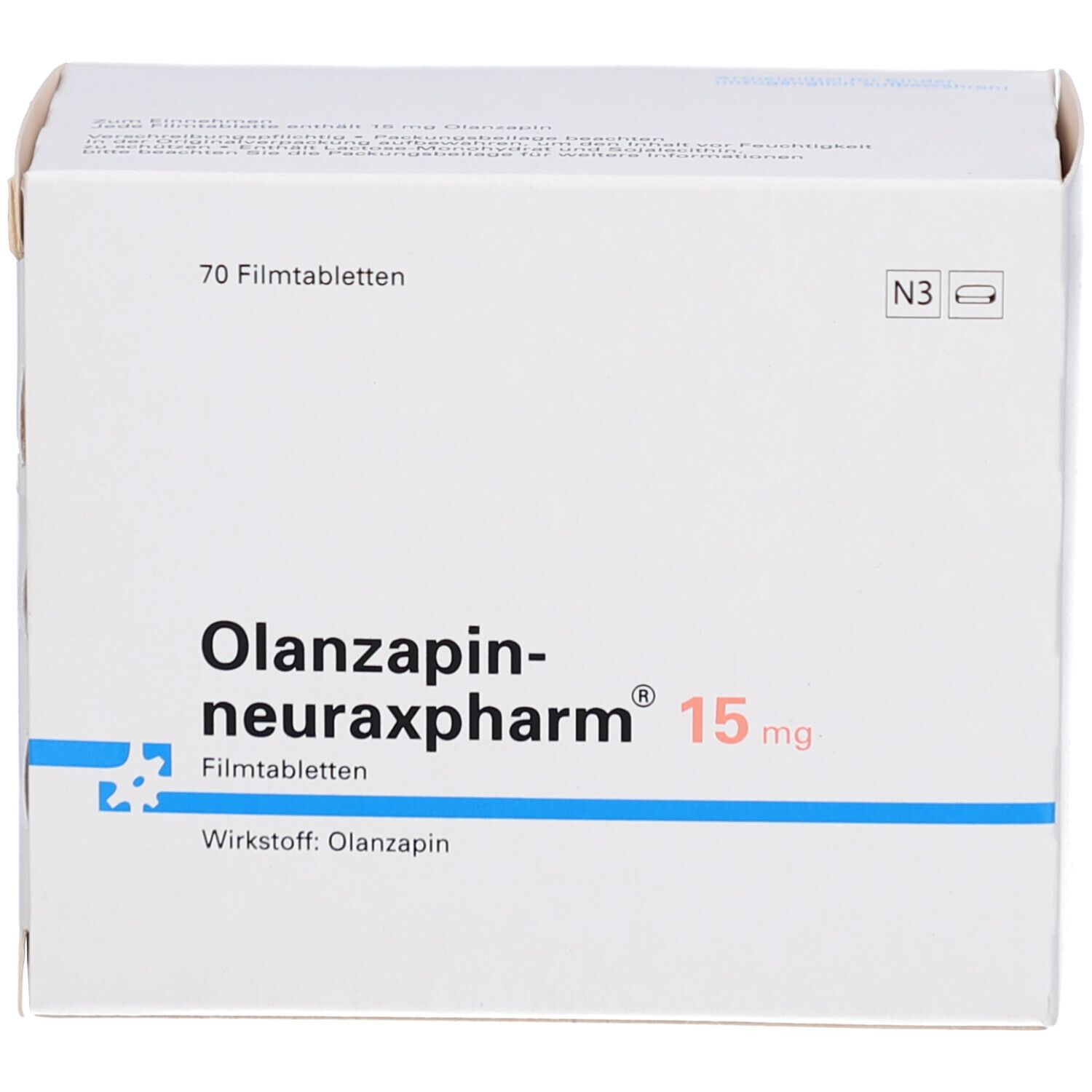 Weiße Schachtel mit Olanzapin-neuraxpharm® 15 mg. Text: 70 Filmtabletten, Wirkstoff: Olanzapin.