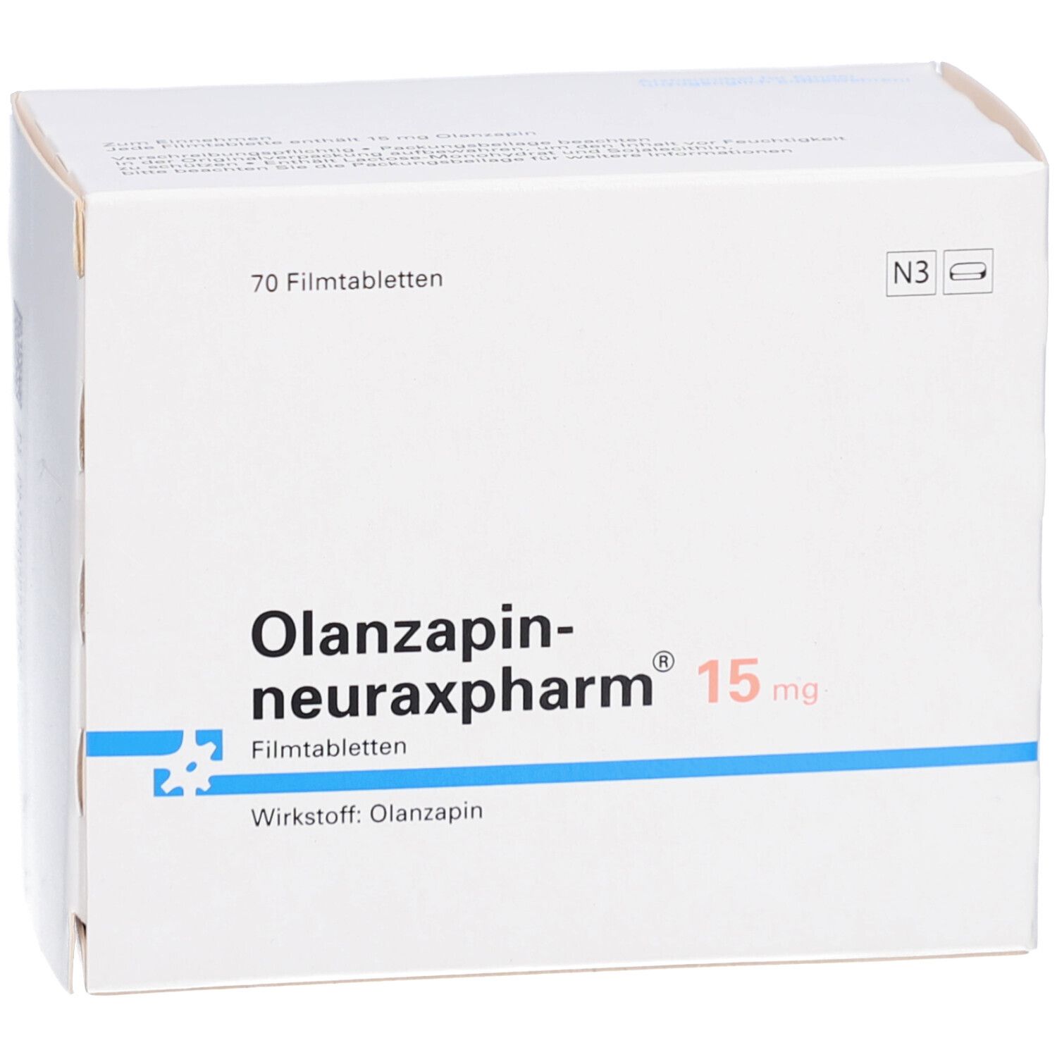 Weiße Schachtel mit Olanzapin-neuraxpharm® 15 mg. Text: 70 Filmtabletten, Wirkstoff: Olanzapin.