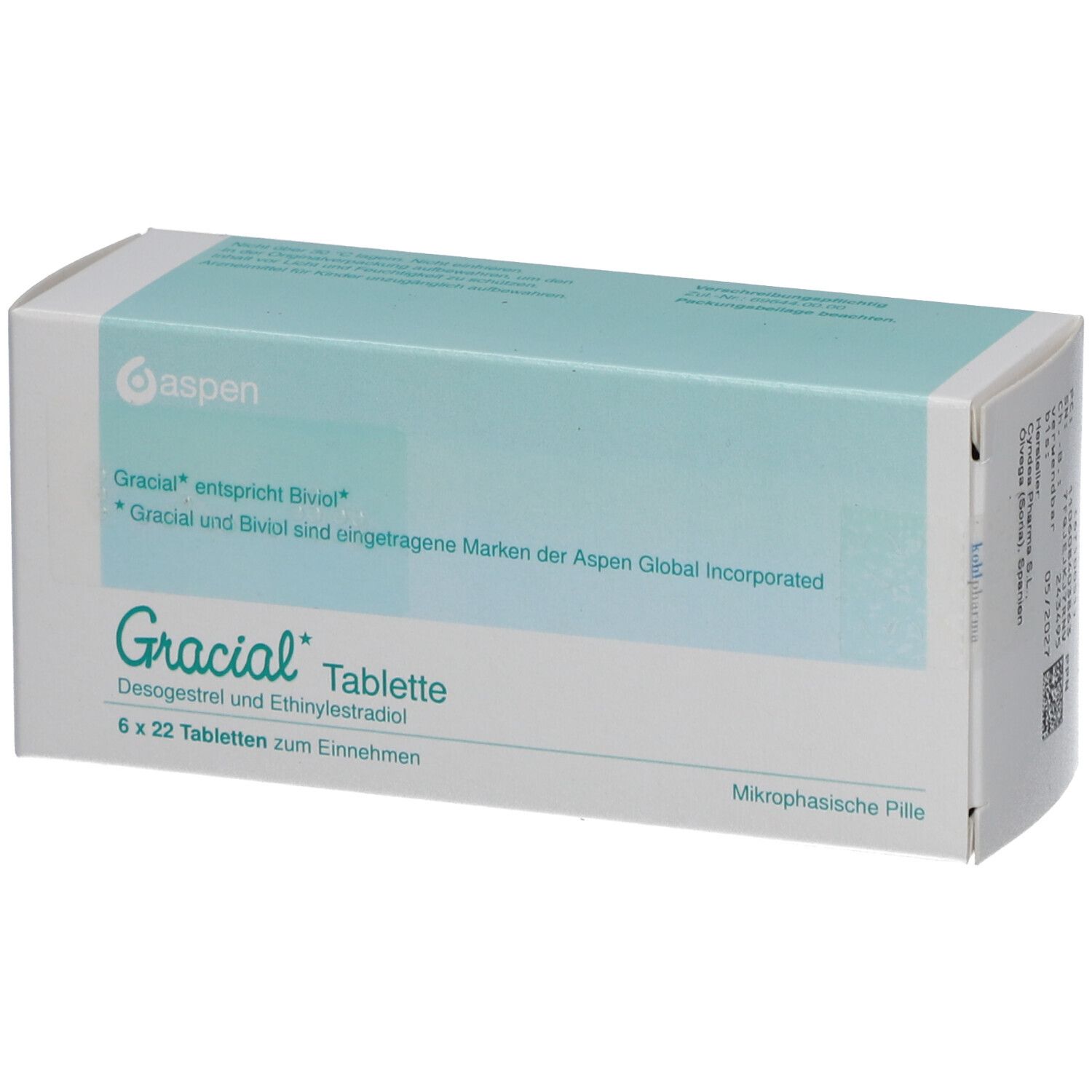 Schachtel Gracial Tablette. 6 x 22 Tabletten. Desogestrel und Ethinylestradiol. Aspen Logo.