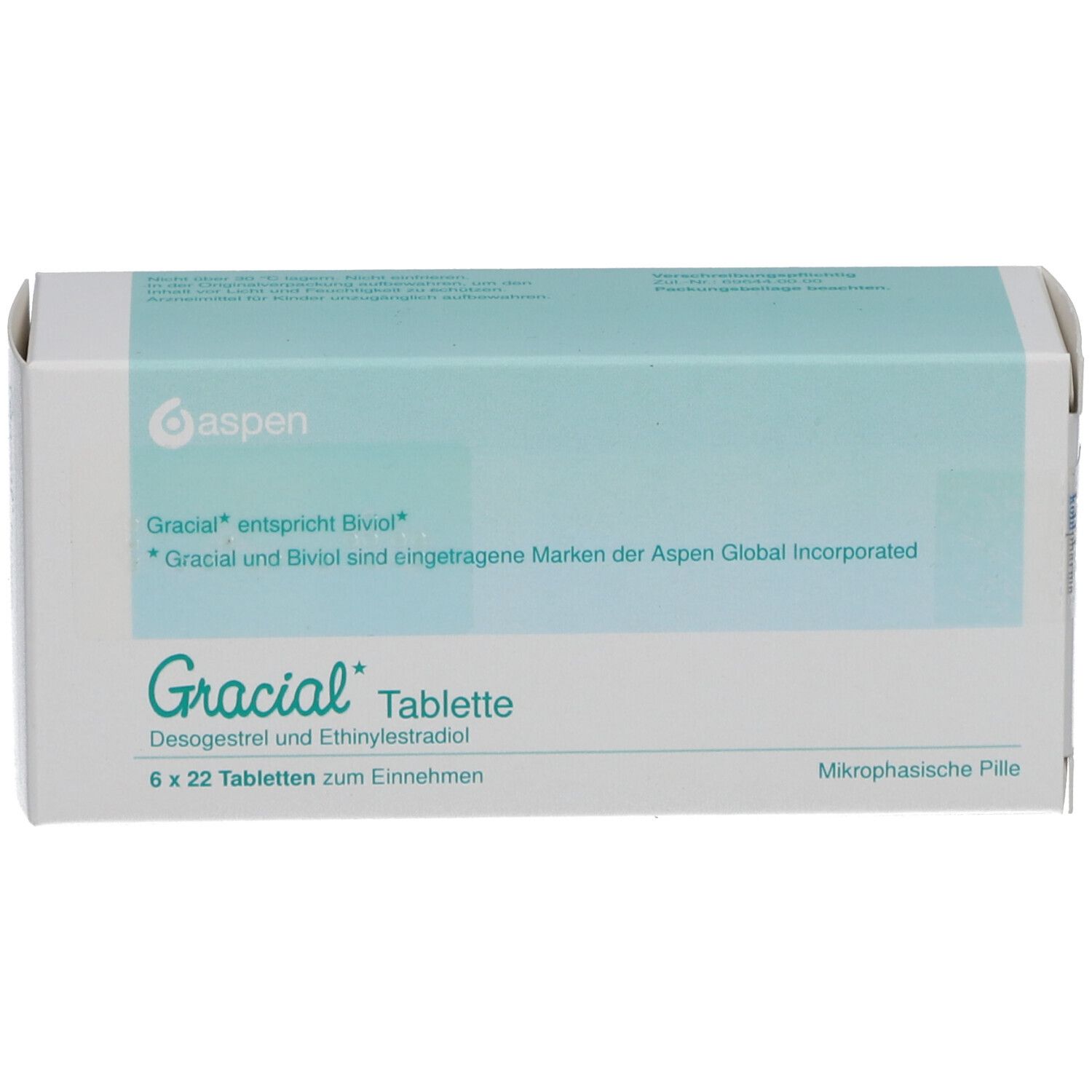 Schachtel Gracial Tablette. 6 x 22 Tabletten. Desogestrel und Ethinylestradiol. Aspen Logo.