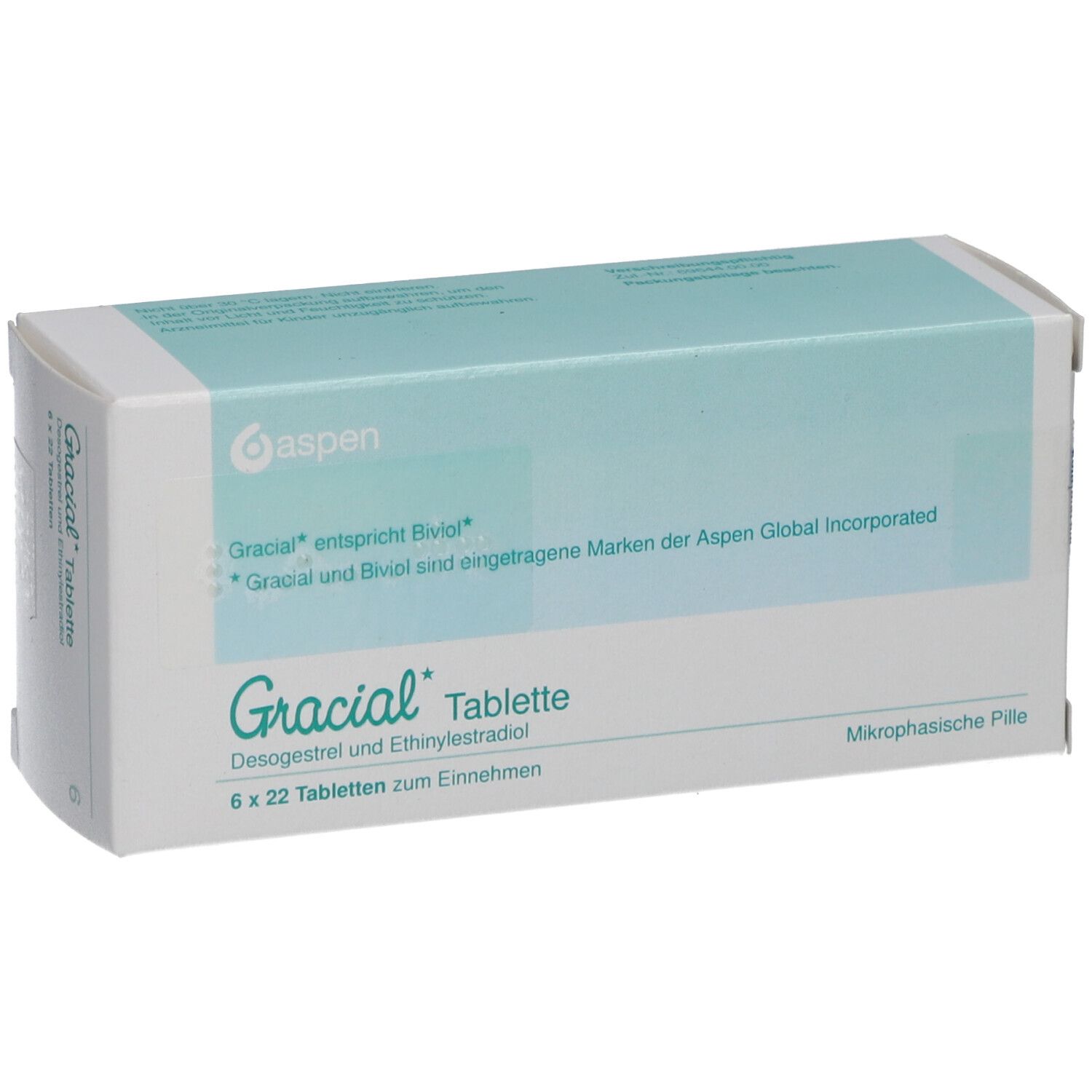 Schachtel Gracial Tablette. 6 x 22 Tabletten. Desogestrel und Ethinylestradiol. Aspen Logo.