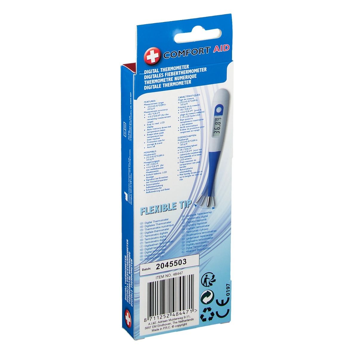 Verpackung eines digitalen Thermometers. Marke: Comfort Aid. Flexible Spitze. Barcode und Informationen auf der Rückseite.