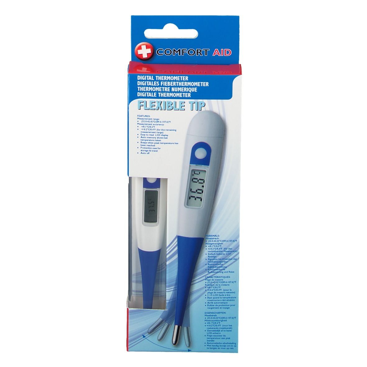 Digitales Thermometer in Verpackung. Marke: Comfort Aid. Flexible Spitze. Anzeige: 36,89°C. Produktabbildung auf der Verpackung.