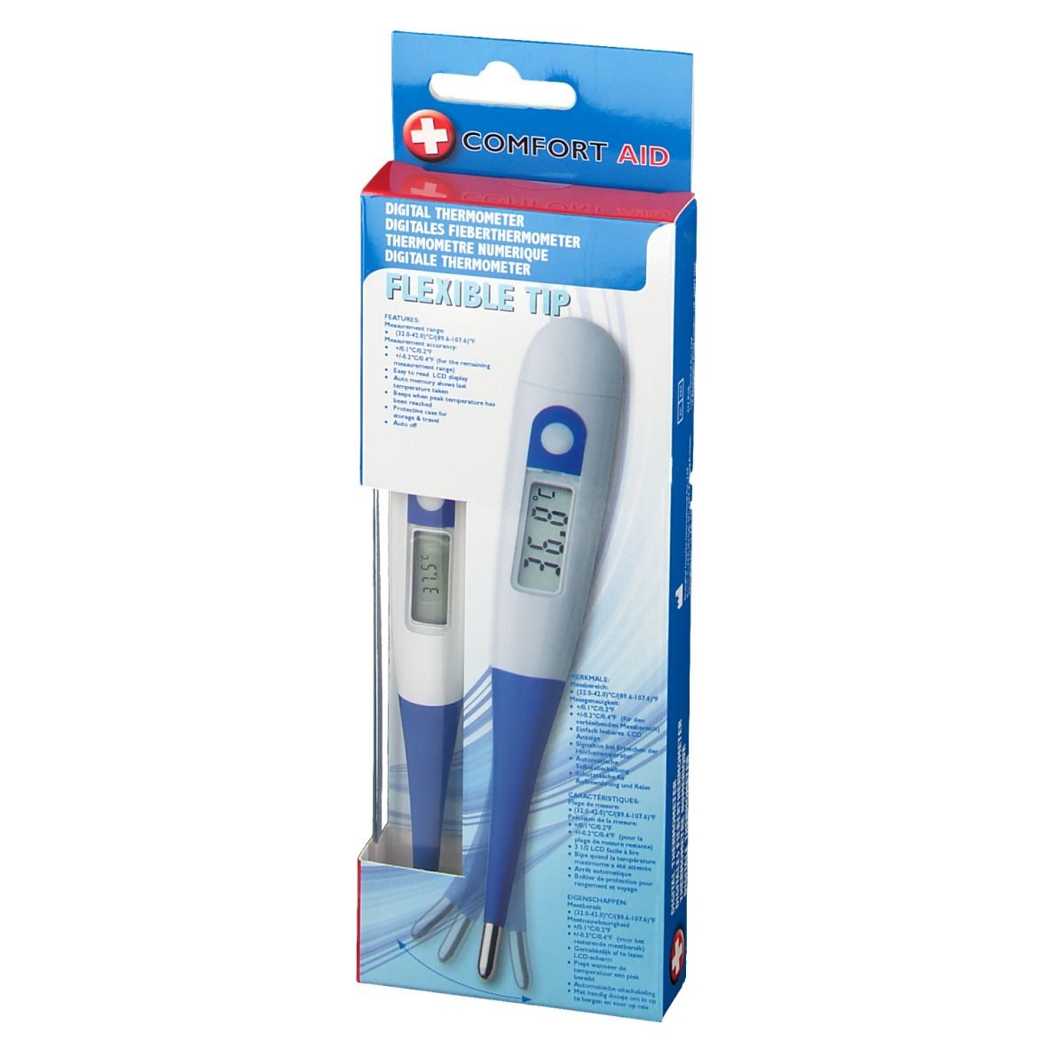 Digitales Thermometer in Verpackung. Marke: Comfort Aid. Flexible Spitze. Anzeige: 37,5°C. Produktabbildung auf der Verpackung.