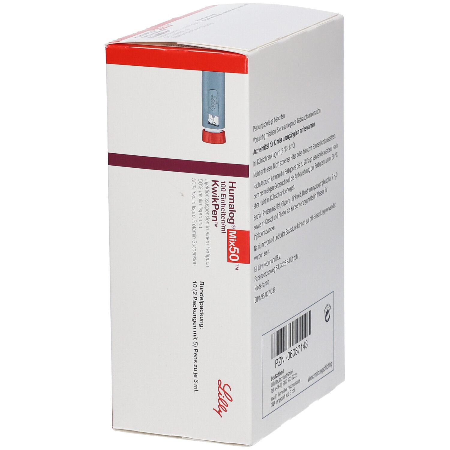 Humalog Mix 50 KwikPen-Verpackung, schräg. Rote und weiße Schachtel mit Produktinformationen.