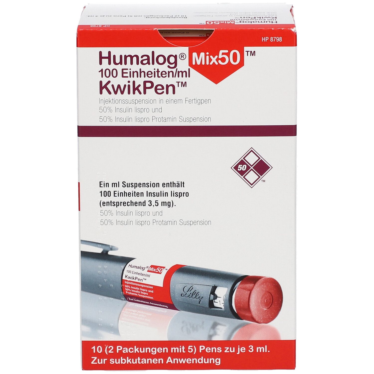 Verpackung von Humalog Mix 50 KwikPen. Rote und weiße Schachtel mit Produktinformationen und einer Abbildung des Pens.