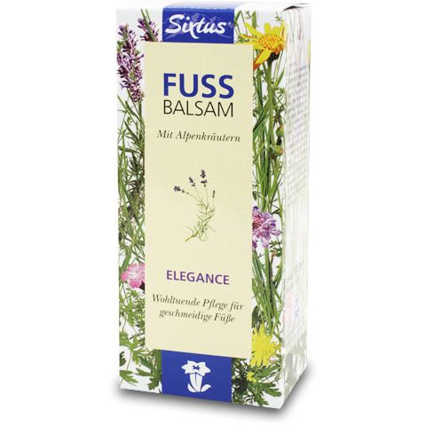 Kartonverpackung mit floralem Design. Oben steht "Sixtus". Auf der Vorderseite steht "Fuss Balsam Elegance".