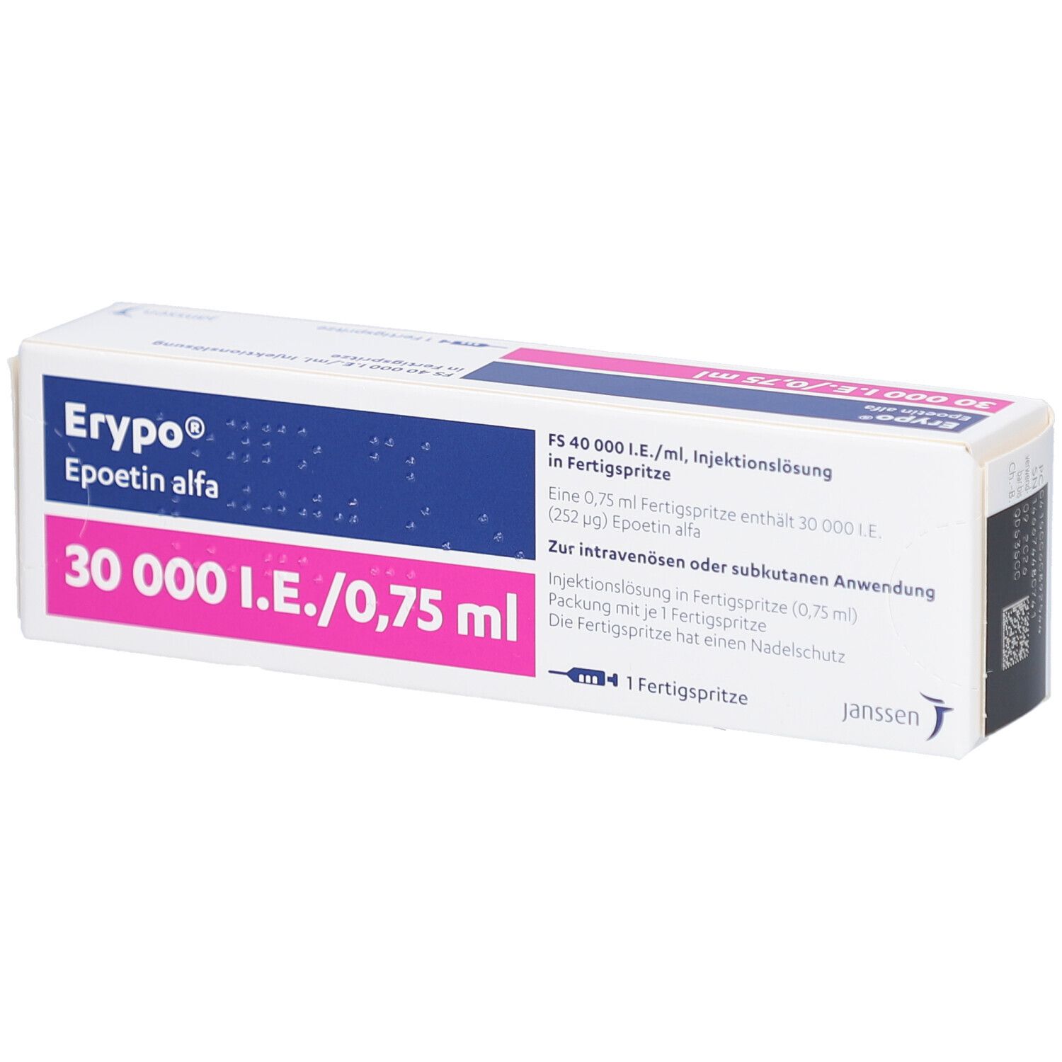 Schachtel mit Erypo® 30000 I.E./0,75 ml. Aufschrift: Epoetin alfa. Eine Fertigspritze. Janssen Logo.