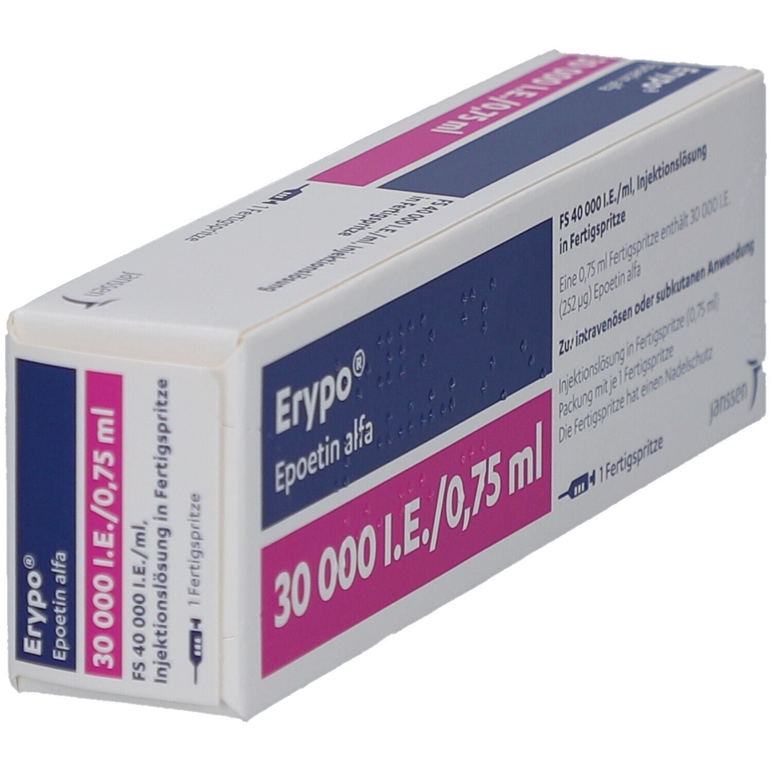 Schachtel Erypo® 30000 I.E./0,75 ml. Aufschrift: Epoetin alfa. Eine Fertigspritze. Janssen Logo. Schrägansicht.