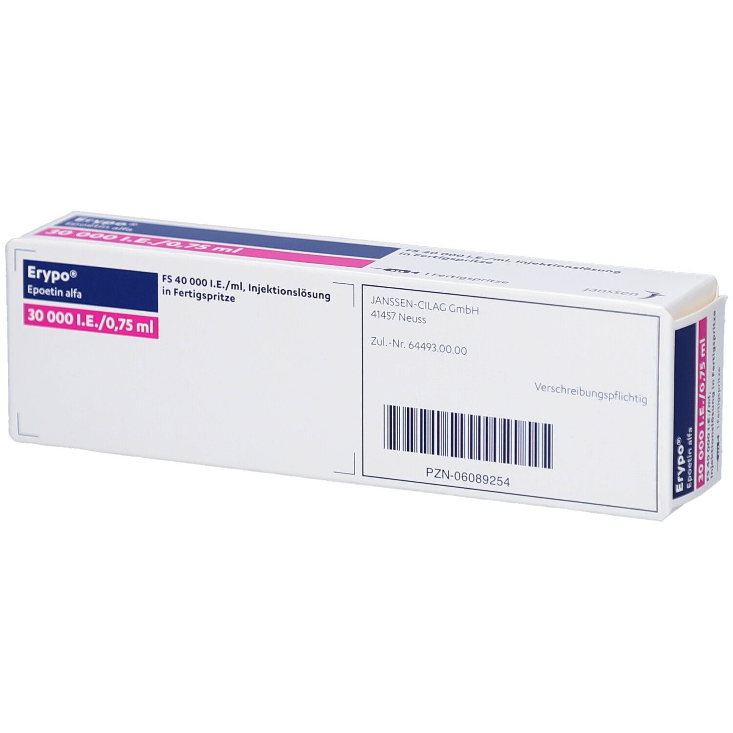 Schachtel Erypo® 30000 I.E./0,75 ml. Aufschrift: Epoetin alfa. Janssen-Cilag GmbH. Barcode. Verschreibungspflichtig.