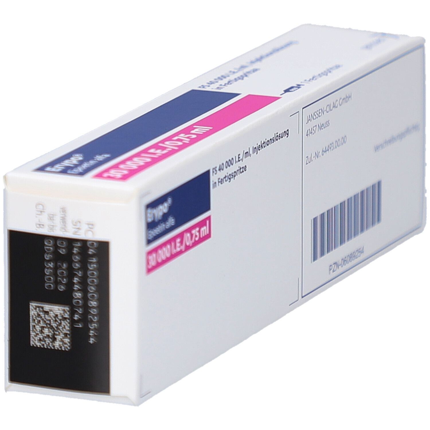 Schachtel Erypo® 30000 I.E./0,75 ml. Aufschrift: Epoetin alfa. Barcode. Verfallsdatum. Schrägansicht.
