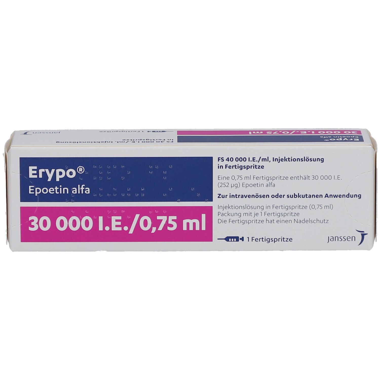 Schachtel Erypo® 30000 I.E./0,75 ml. Aufschrift: Epoetin alfa. Eine Fertigspritze. Janssen Logo.
