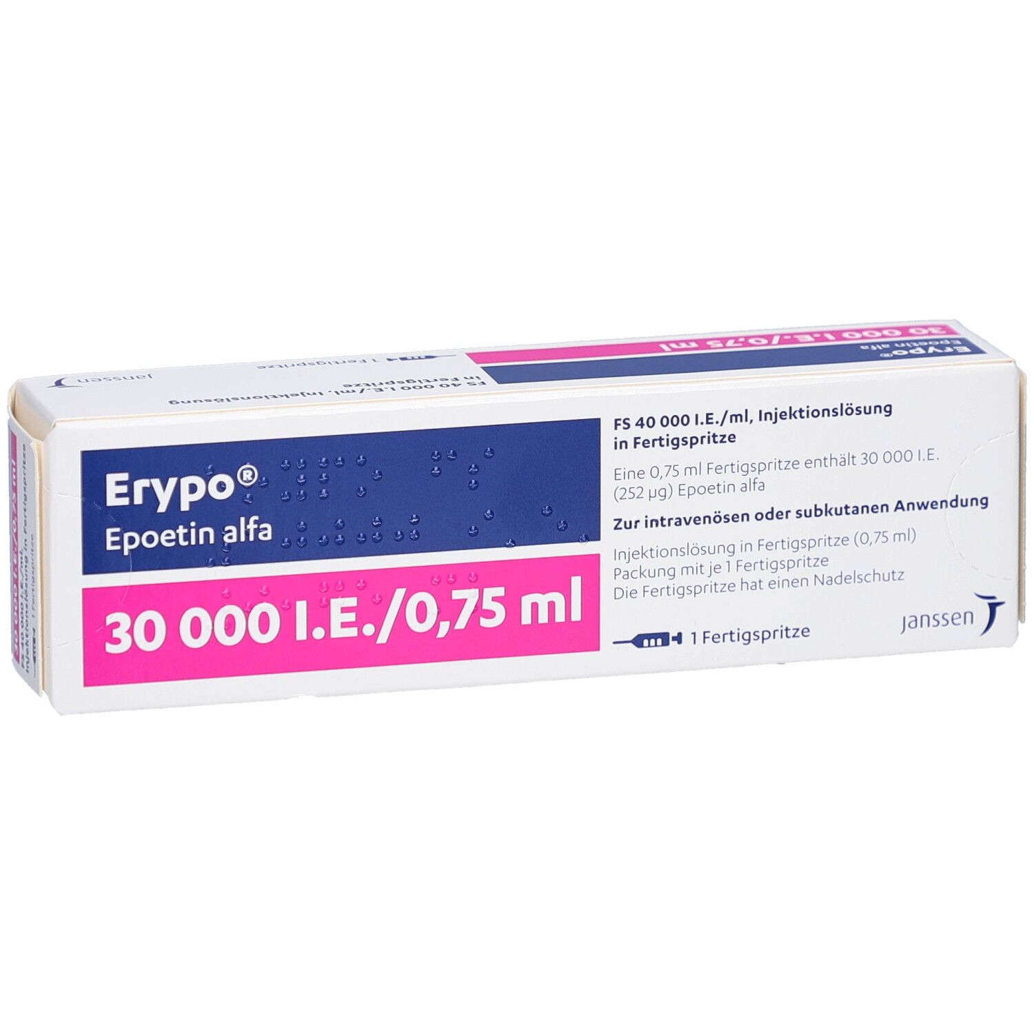 Schachtel Erypo® 30000 I.E./0,75 ml. Aufschrift: Epoetin alfa. Eine Fertigspritze. Janssen Logo.