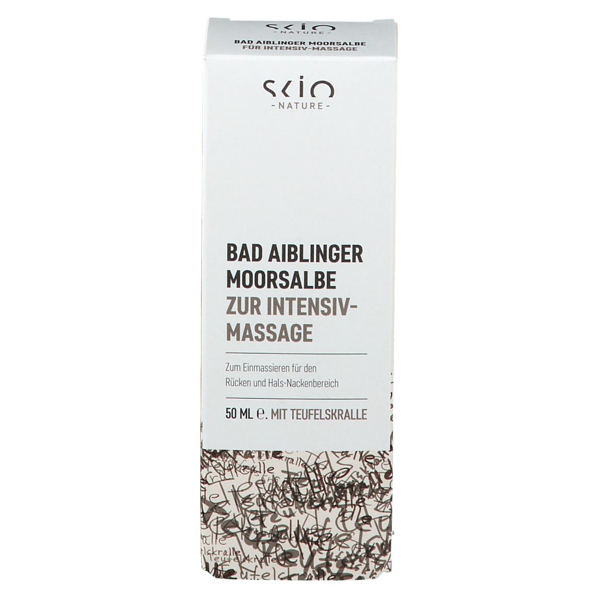 Karton mit Aufschrift: Bad Aiblinger Moorsalbe zur Intensiv-Massage. Marke: SKIO Nature. Weißer Hintergrund.