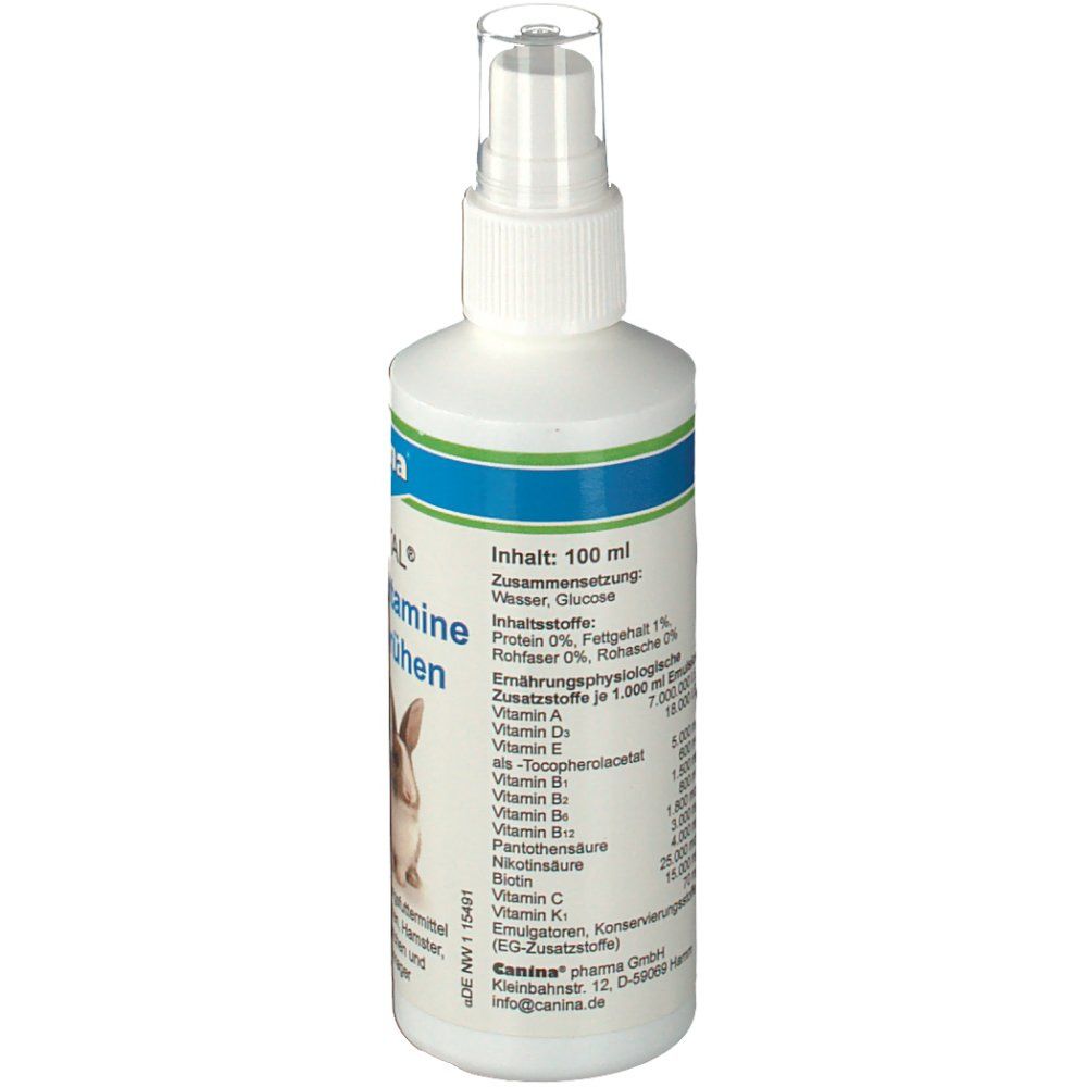 Rückseite der weißen Sprühflasche. Enthält Informationen zu Inhaltsstoffen und Nährwerten. Aufschrift: Canina PETVITAL Lebensvitamine zum Sprühen.