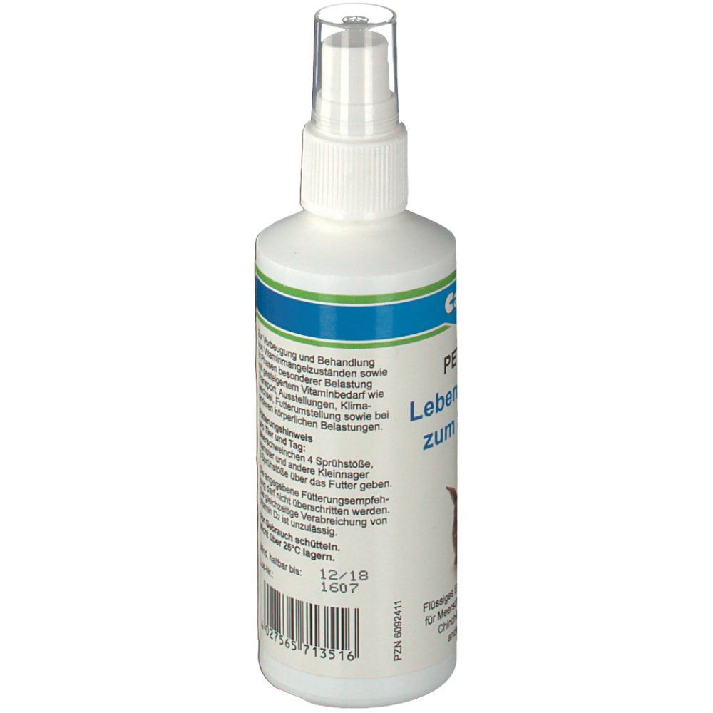 Rückseite der weißen Sprühflasche. Enthält Informationen zu Inhaltsstoffen und Nährwerten. Aufschrift: Canina PETVITAL Lebensvitamine zum Sprühen.