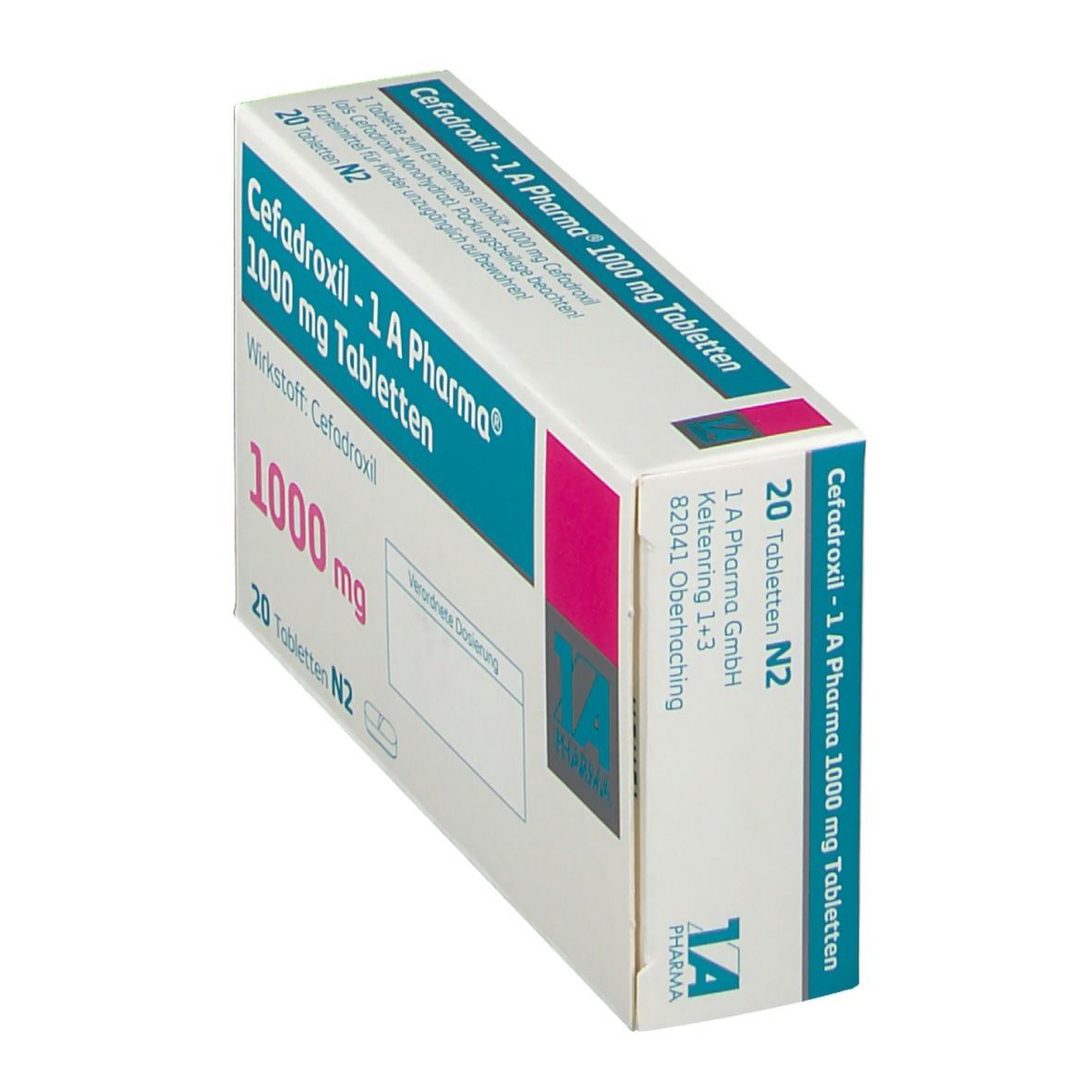 Schachtel mit Cefadroxil - 1 A Pharma 1000 mg Tabletten. Enthält 20 Tabletten. Aufdrucke: Wirkstoff, Dosierung, 1000 mg.