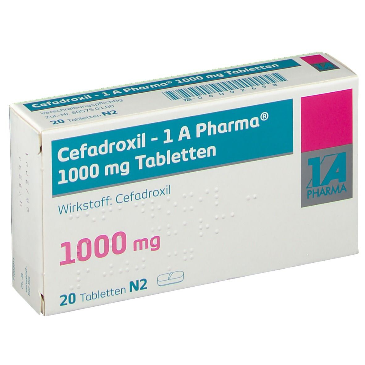 Schachtel mit Cefadroxil - 1 A Pharma 1000 mg Tabletten. Enthält 20 Tabletten. Aufdrucke: Wirkstoff, Dosierung, 1000 mg.