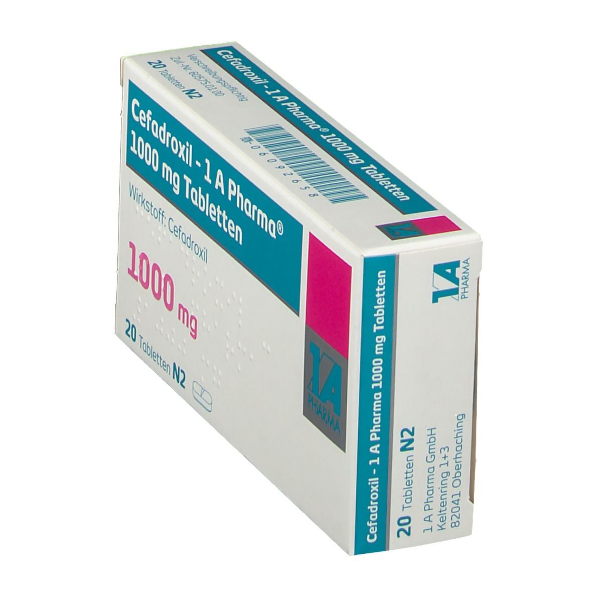 Schachtel mit Cefadroxil - 1 A Pharma 1000 mg Tabletten. Enthält 20 Tabletten. Aufdrucke: Wirkstoff, Dosierung, 1000 mg.