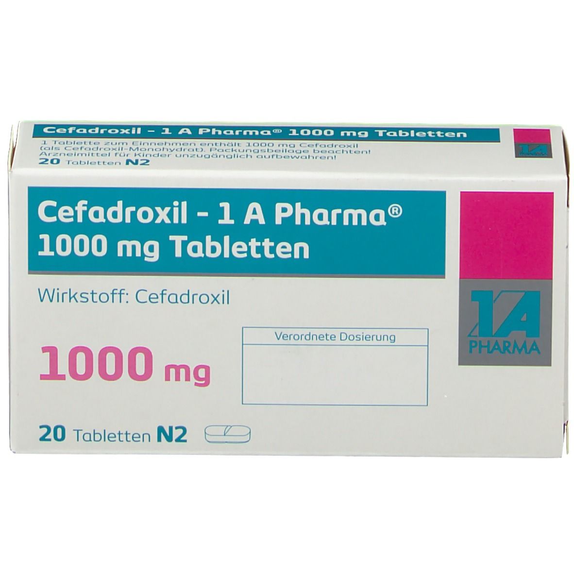 Schachtel mit Cefadroxil - 1 A Pharma 1000 mg Tabletten. Enthält 20 Tabletten. Aufdrucke: Wirkstoff, Dosierung, 1000 mg.