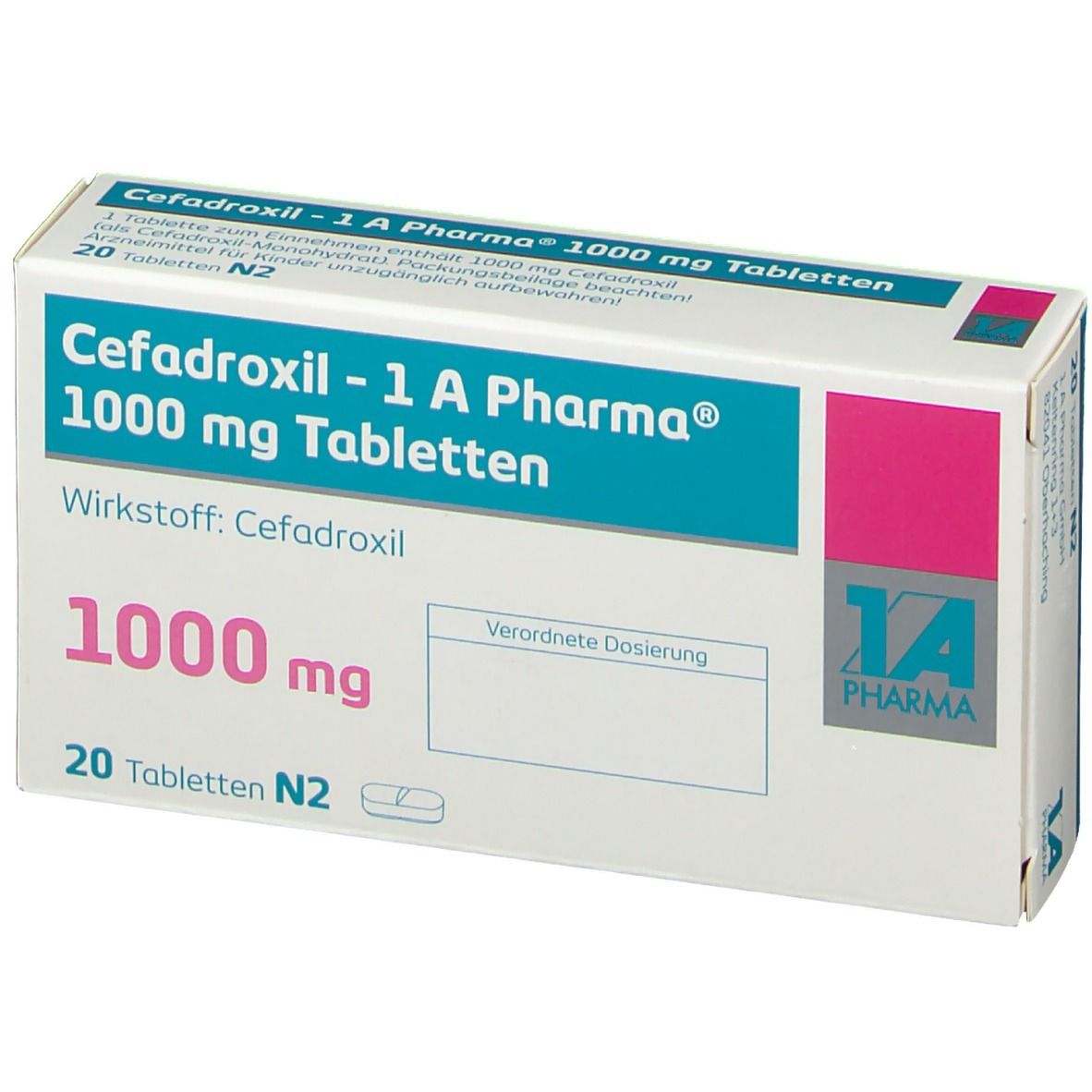 Schachtel mit Cefadroxil - 1 A Pharma 1000 mg Tabletten. Enthält 20 Tabletten. Aufdrucke: Wirkstoff, Dosierung, 1000 mg.