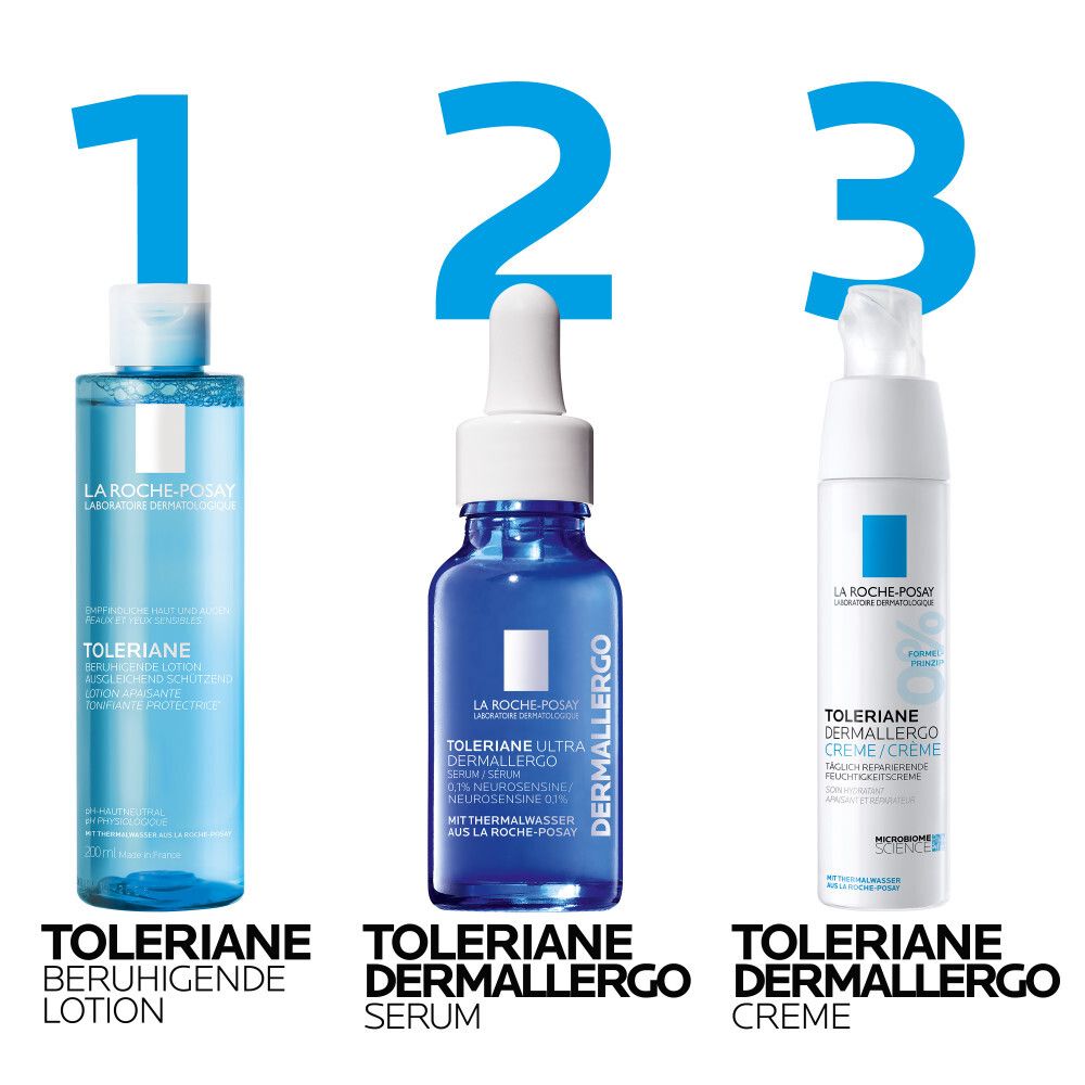 Drei La Roche-Posay Produkte: Toleriane beruhigende Lotion, Toleriane Dermallergo Serum, Toleriane Dermallergo Crème.