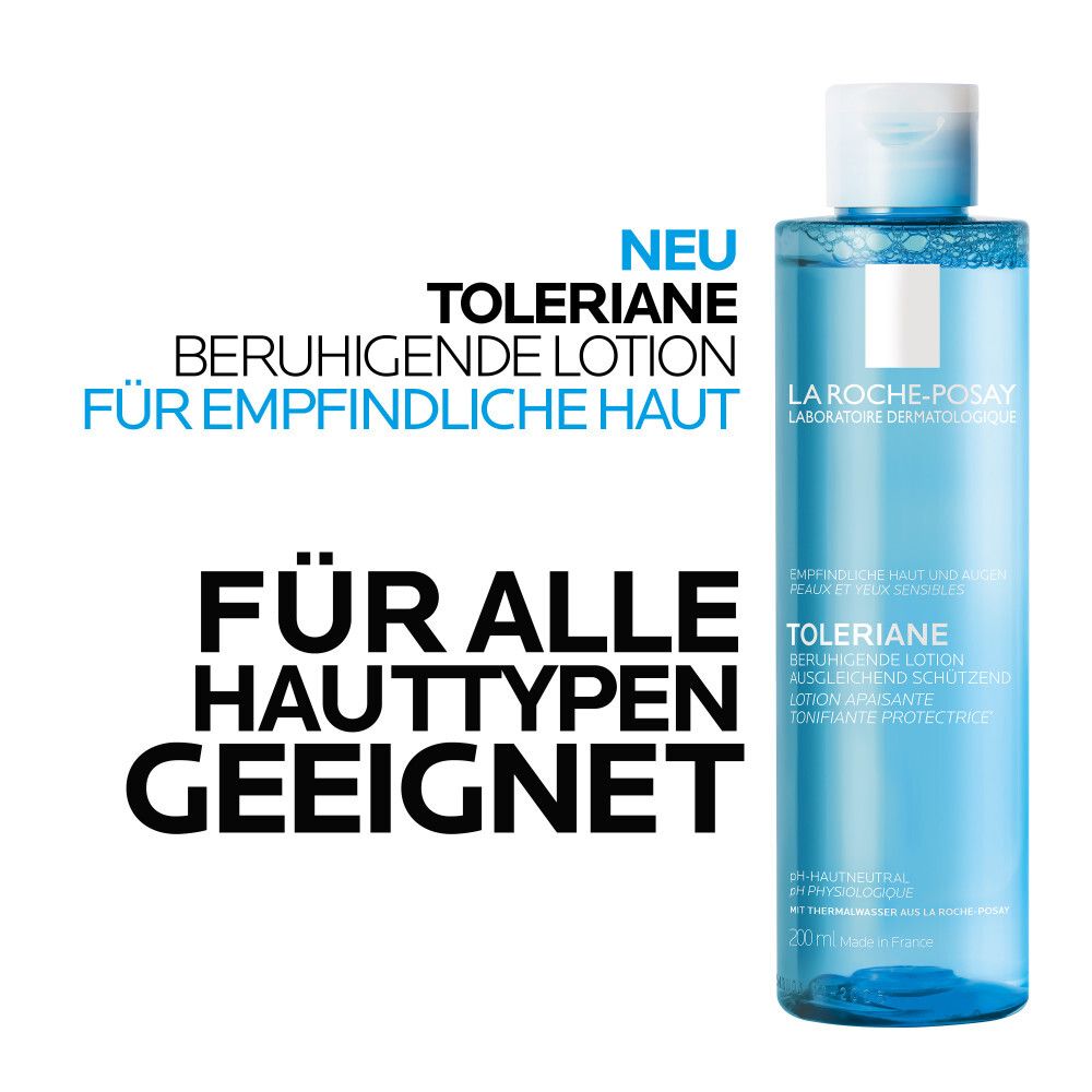 La Roche-Posay Toleriane beruhigende Lotion. Text: Für alle Hauttypen geeignet.