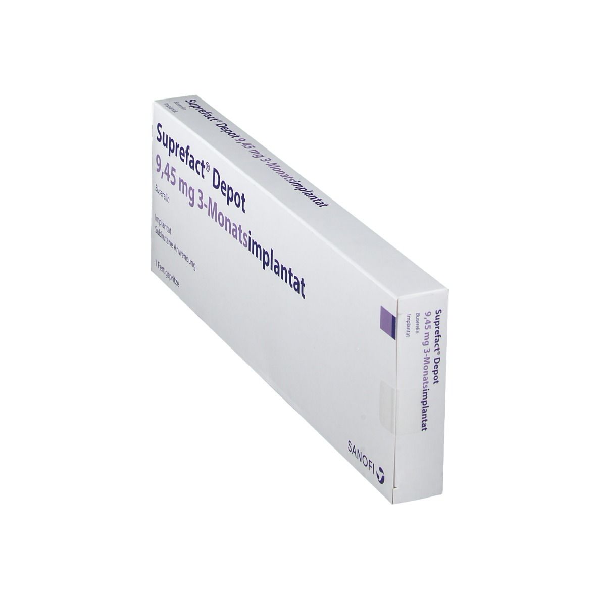 Schachtel Suprefact Depot, 9,45 mg 3-Monatsimplantat. Weiß, mit lila Akzent. Sanofi Logo. Perspektivische Ansicht.