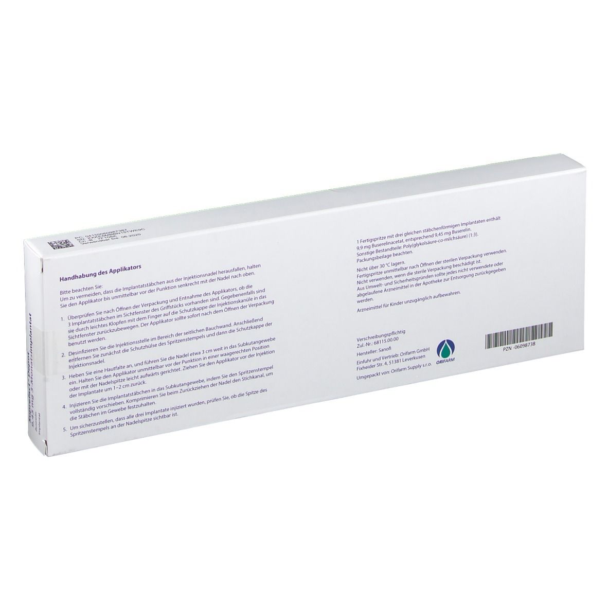 Rückseite der Schachtel Suprefact Depot. Text: Anwendungshinweise, Herstellerinformationen, Barcode. Weißer Hintergrund.