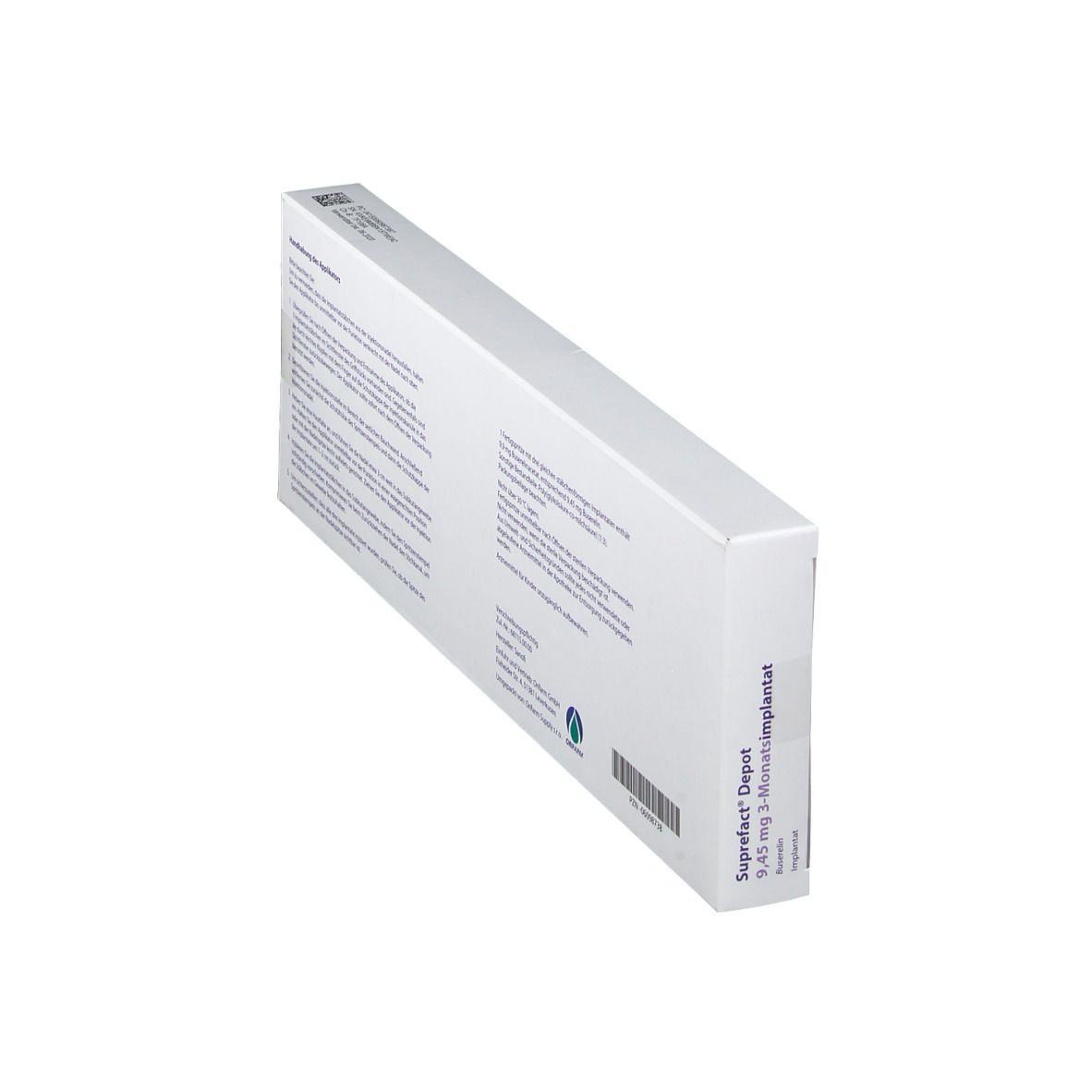 Rückseite der Schachtel Suprefact Depot. Text: Anwendungshinweise, Herstellerinformationen, Barcode. Perspektivische Ansicht.