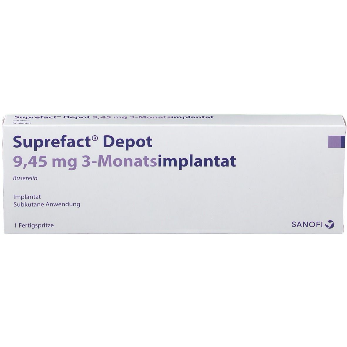 Weiße Schachtel Suprefact Depot, 9,45 mg 3-Monatsimplantat. Text: Buselerin, Implantat, Subkutane Anwendung. Sanofi Logo.