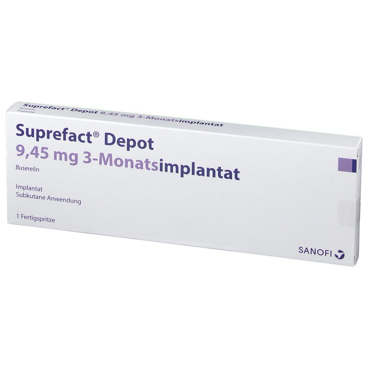 Weiße Schachtel Suprefact Depot, 9,45 mg 3-Monatsimplantat. Text: Buselerin, Implantat, Subkutane Anwendung. Sanofi Logo.