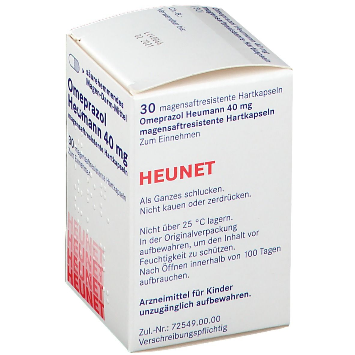 Schachtel mit Omeprazol Heumann 40 mg. 30 magensaftresistente Hartkapseln. HEUNET-Logo. Text in deutscher Sprache.