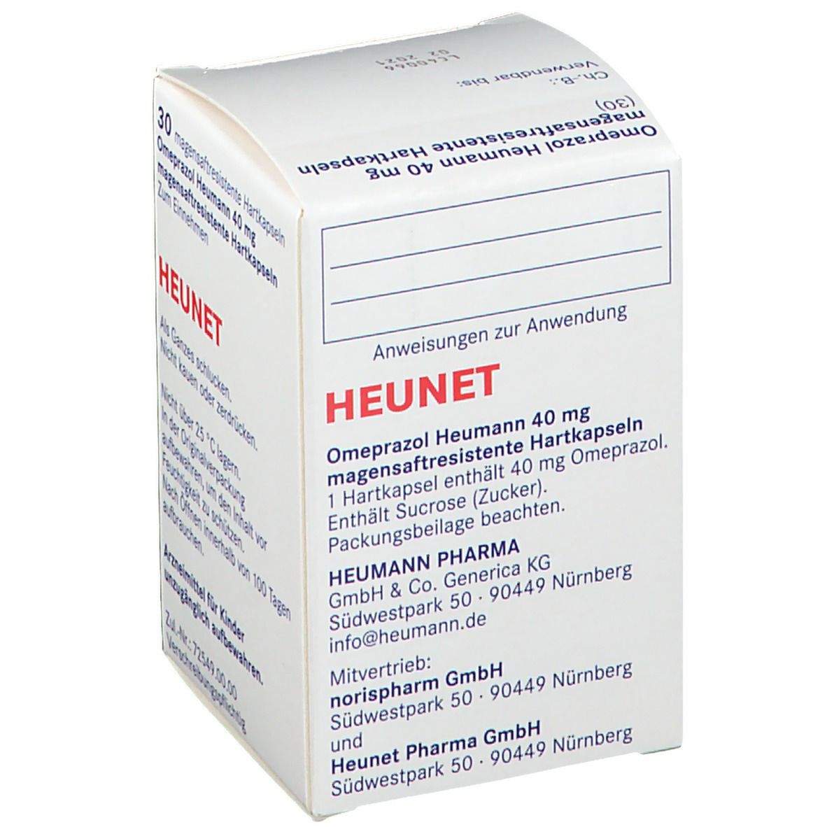 Schachtel mit Omeprazol Heumann 40 mg. Informationen und Herstellerangaben. HEUNET-Logo. Text in deutscher Sprache.