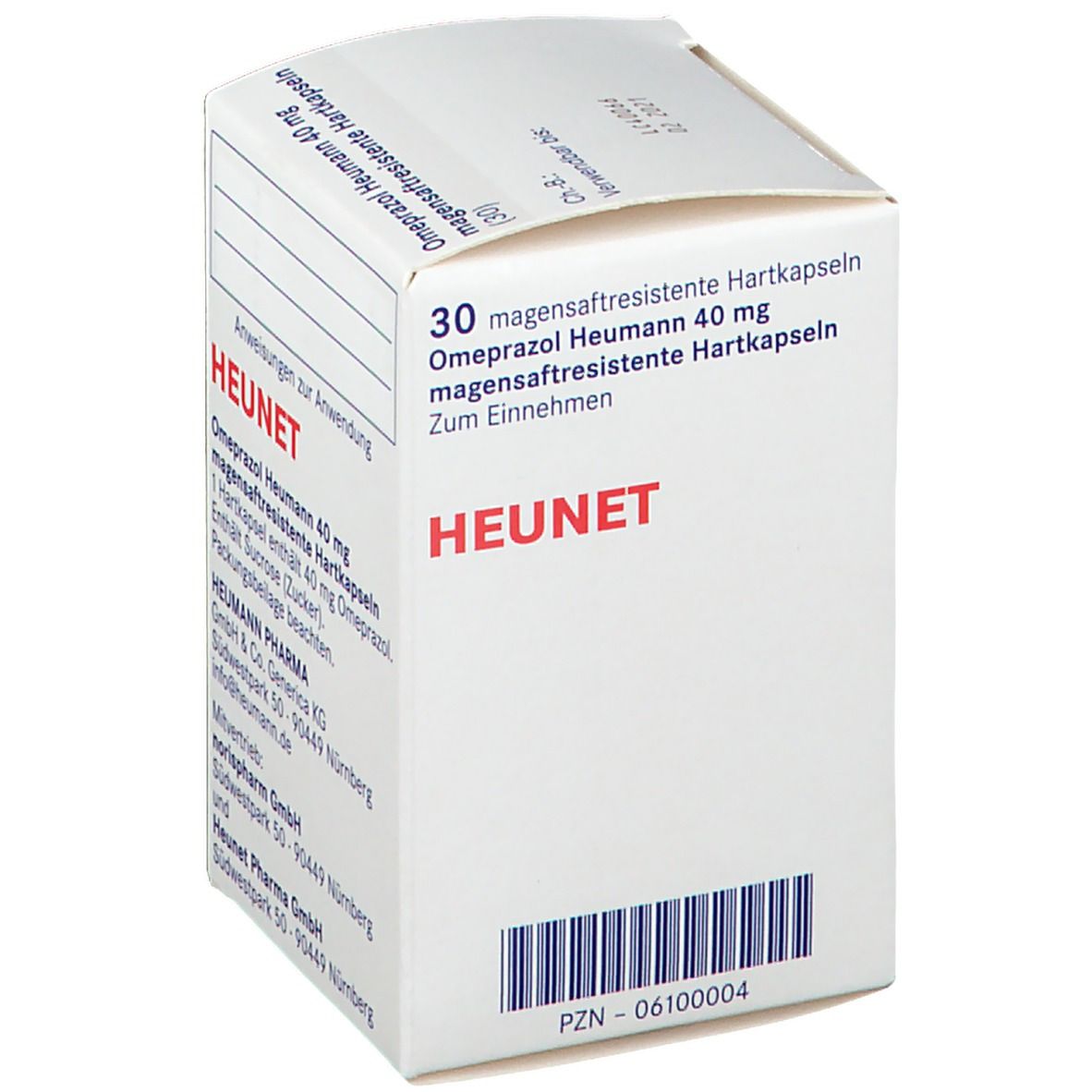 Schachtel mit Omeprazol Heumann 40 mg. 30 magensaftresistente Hartkapseln. HEUNET-Logo. Text in deutscher Sprache.