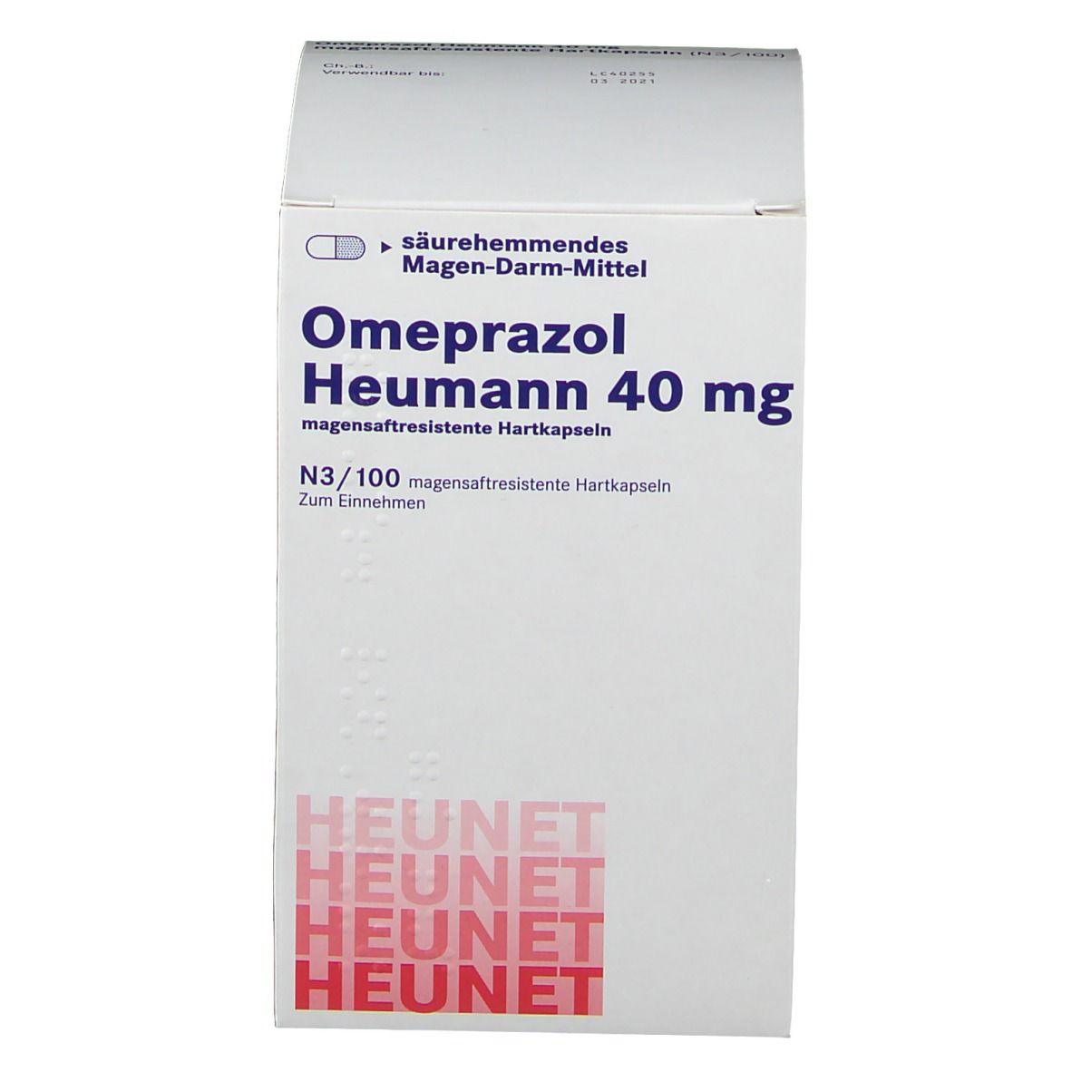 Weiße Faltschachtel mit Aufschrift OMEPRAZOL Heumann 40 mg. Enthält magensaftresistente Hartkapseln. Marke HEUNET.