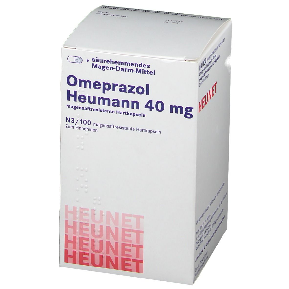 Weiße Faltschachtel mit Aufschrift OMEPRAZOL Heumann 40 mg. Enthält magensaftresistente Hartkapseln. Marke HEUNET.