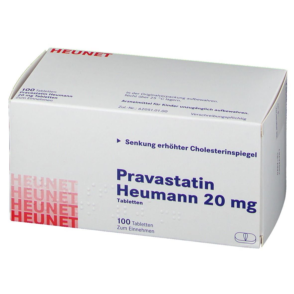 Weiße Schachtel mit Aufschrift "Pravastatin Heumann 20 mg". Enthält 100 Tabletten. Marke: Heunet.