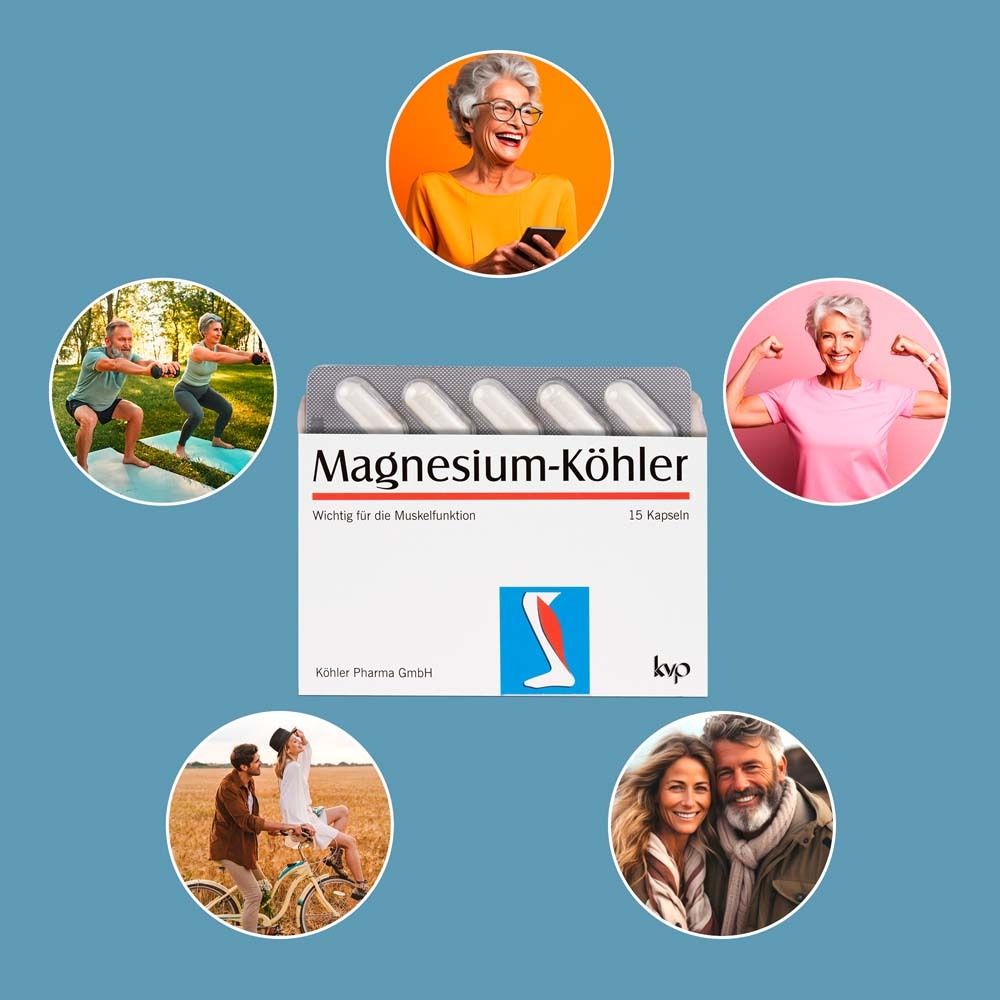 Produktverpackung mit Kapseln, umgeben von Bildern von Menschen in verschiedenen Situationen.