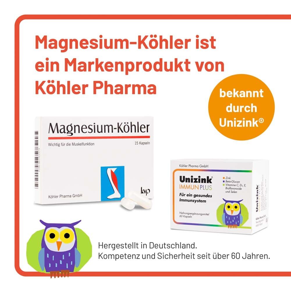 Produktverpackung "Magnesium-Köhler" neben "Unizink Immun Plus". Text: "Markenprodukt von Köhler Pharma".