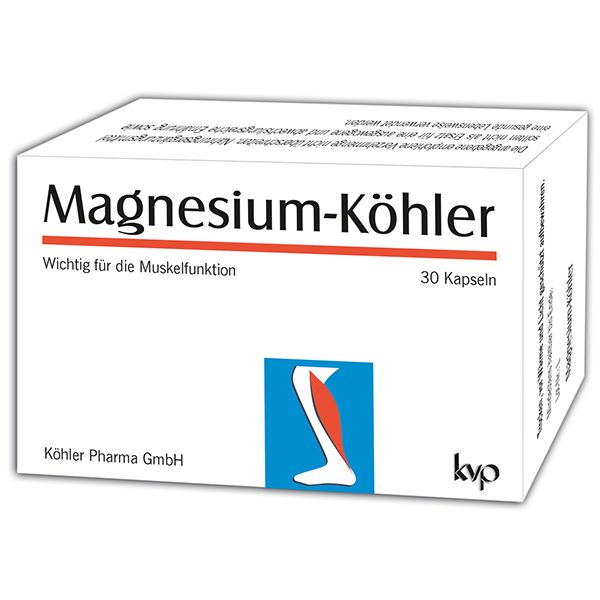Magnesium-Köhler Kapseln. Weiße Schachtel mit roter Schrift. 30 Kapseln. Illustration eines Beins.