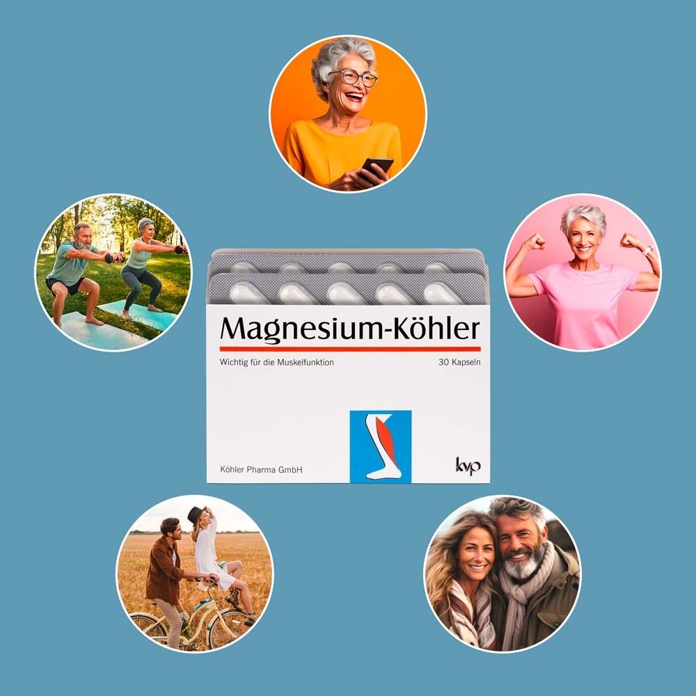 Produktverpackung Magnesium-Köhler umgeben von Bildern von Menschen in verschiedenen Situationen.