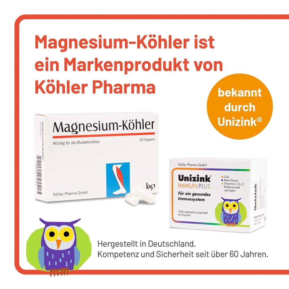 Magnesium-Köhler und Unizink Immun Plus. Text: Markenprodukt von Köhler Pharma. Hergestellt in Deutschland.
