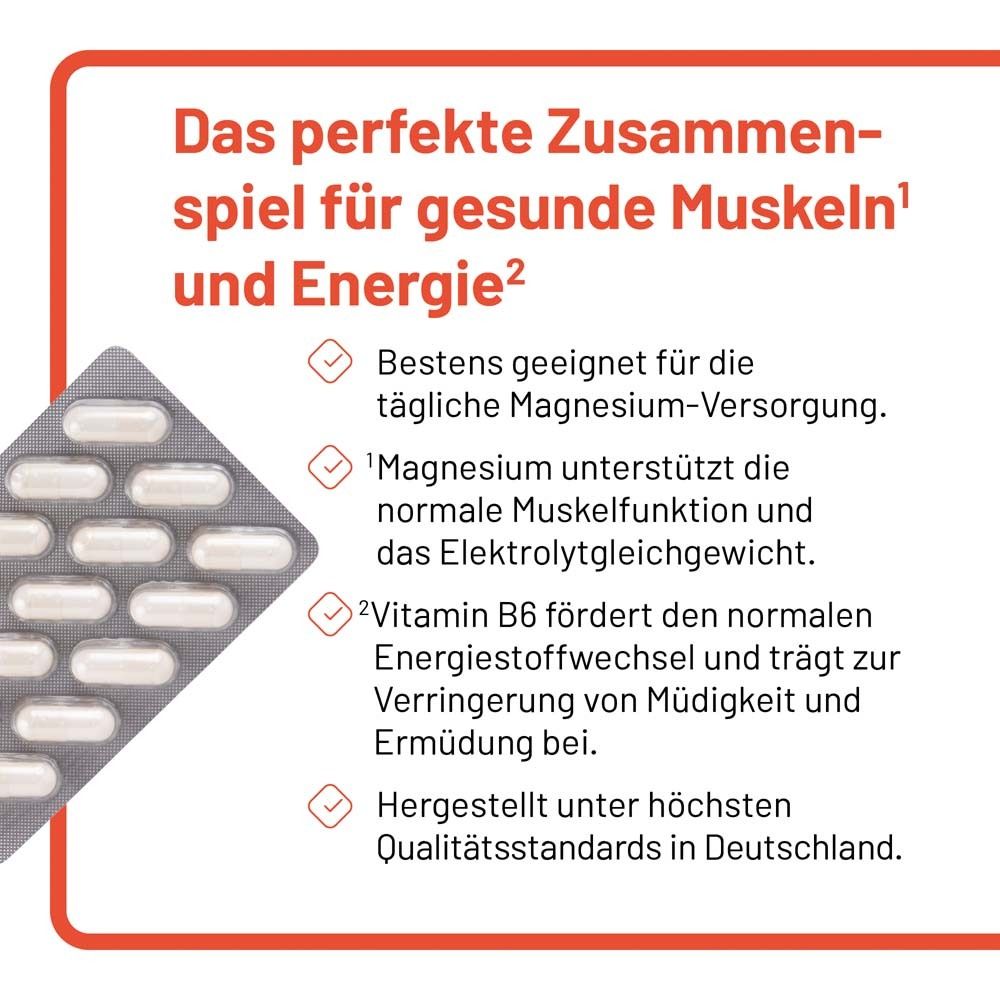 Blisterpackung mit Kapseln. Text: "Das perfekte Zusammenspiel für gesunde Muskeln und Energie". Informationen zu Magnesium und Vitamin B6.