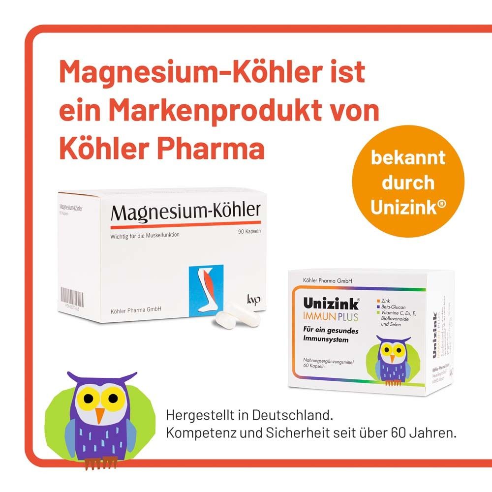 Produktverpackung "Magnesium-Köhler" und "Unizink Immun Plus". Text: Markenprodukt von Köhler Pharma. Hergestellt in Deutschland.