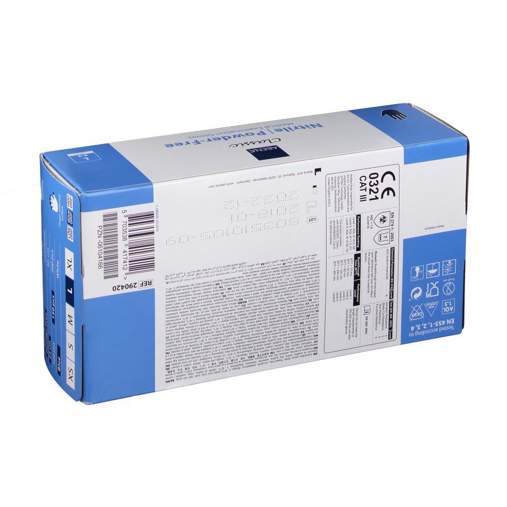 Rückseite der Box mit Handschuhen. Aufschrift: ABENA Classic Nitril Powder-Free. Medizinische Untersuchungshandschuhe. Mit CE-Kennzeichnung.